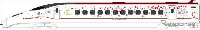 「さくらラッピング新幹線」のイメージ（1号車）。800系6両編成1本にサクラと卒業式をイメージしたデザインを施す。