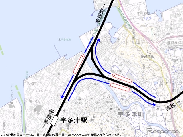 瀬戸大橋線と予讃線の分岐点にあるデルタ線。ここを走行することで編成の向きを変えることができる。