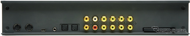 Digicore808iプロセッサー部の端子群。●内蔵メモリーオーディオプレーヤー対応メディア*:CFカード(市販アダプターにより他規格メモリーカード使用可能)●音声入力端子:光デジタル(TOSリンク)2系統、同軸デジタル(RCA)2系統、RCAアナログライン1系統●映像入力端子:RCAコンポジット5系統(各音声入力に対応)、リアビューカメラ用RCAコンポジット1系統●音声出力端子:スピーカー出力8ch●映像出力端子:オンスクリーン表示用RCAコンポジット2系統●ミニUSB端子