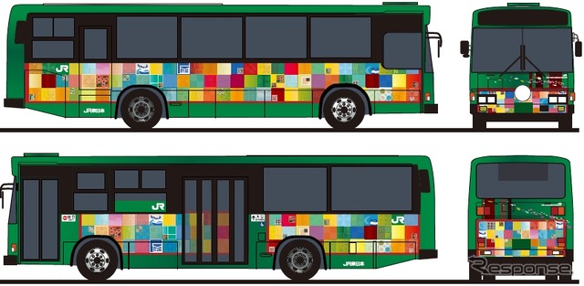 気仙沼線BRT向け観光バスのテーマは「おでかけ『旅』」。緑をベースにパッチワーク柄のデザインにする。