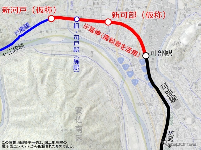 可部線延伸区間の路線図。可部~三段峡間の廃線区間を一部復活させる形になる。