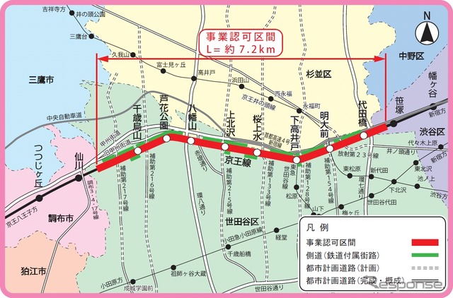 京王線の平面図。笹塚駅付近から仙川駅付近までの約7.2kmを高架化し、25カ所の踏切を解消する。