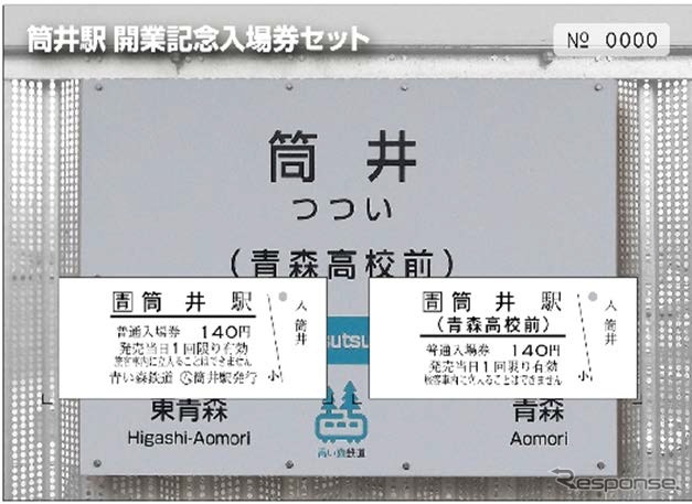 「筒井駅開業記念入場券セット」のイメージ。2枚のうち1枚は「青森高校前」の副名称が括弧書きで記載されている。