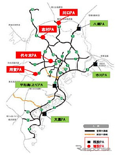 首都高速道路における急速充電器設置位置図