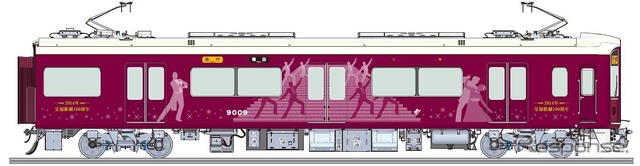 宝塚歌劇100周年を記念して運転されるラッピング車「宝塚歌劇トレイン」のイメージ。宝塚線9000系と今津線7000系の各1編成を装飾する。