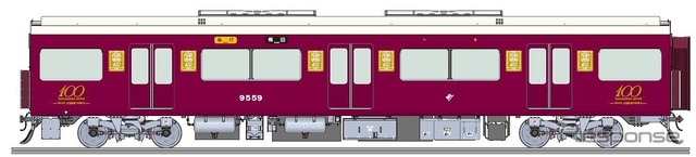 宝塚歌劇100周年を記念して運転されるラッピング車「宝塚歌劇トレイン」のイメージ。宝塚線9000系と今津線7000系の各1編成を装飾する。