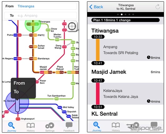 「NAVITIME Transit - Kuara Lumpur Malaysia」の画面イメージ。路線図の画面(左)で出発駅と目的駅をタップすると、乗り換える路線や所要時間が分かる(右)。