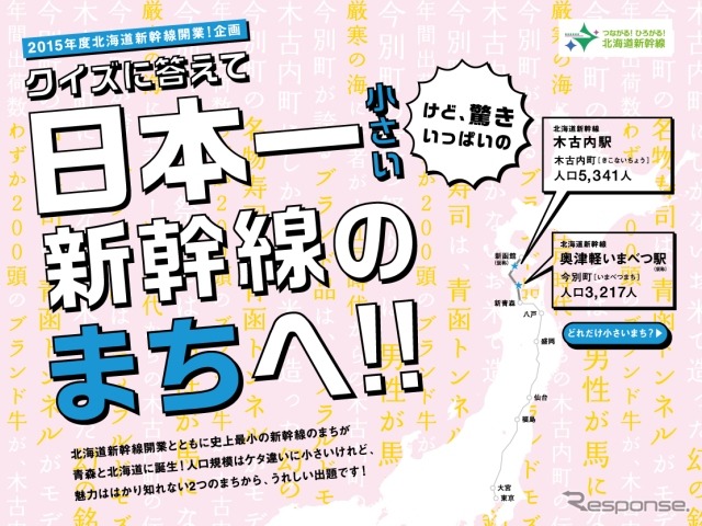 木古内町ウェブサイトに設けられたクイズのページ。奥津軽駅と木古内駅に停車する新幹線列車の本数を当てる。