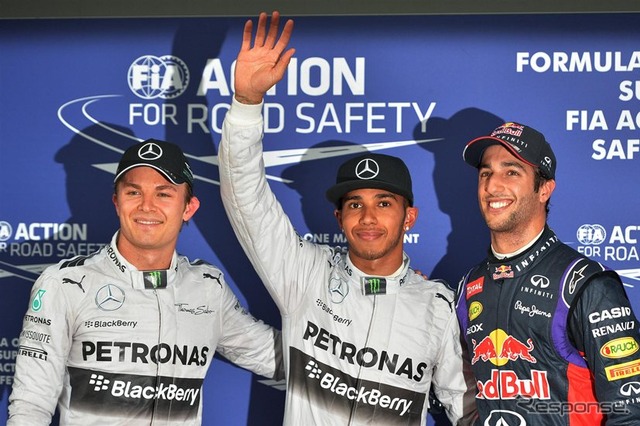 予選トップ3(左からニコ・ロズベルグ、ルイス・ハミルトン、ダニエル・リチャルド)