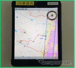 JR東日本水戸支社は津波などの災害時避難誘導用として、タブレット端末に最寄りの避難所と経路を表示する「津波避難誘導システム」を開発したと発表。画像は乗務員用タブレット端末に表示した避難誘導システムの画面