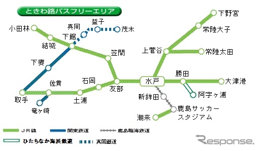 「ときわ路パス」のフリー区間。4月5日利用分からは、関東鉄道竜ヶ崎線の佐貫～竜ヶ崎間と真岡鐵道真岡線の下館～茂木間も利用できるようになる。