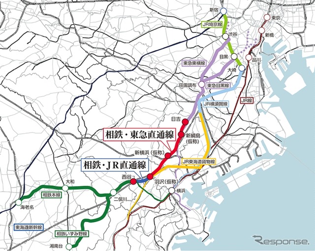 相鉄・JR直通線と相鉄・東急直通線の位置。今回、相鉄・JR直通線の開業予定時期が正式に2018年度内に変更された。