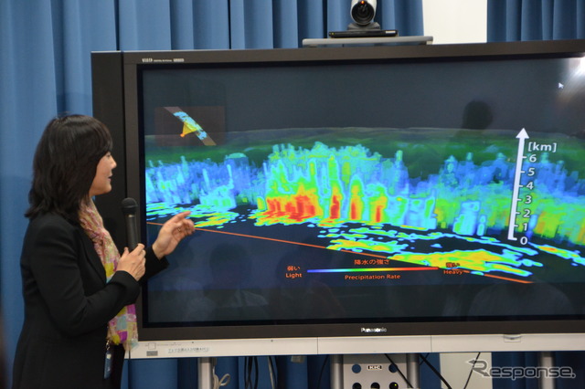 GPM主衛星搭載のの2周波降水レーダー「DPR」観測画像について解説するJAXA 地球観測研究センター 沖理子研究員