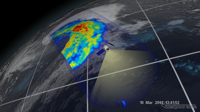 GPM主衛星搭載のマイクロ波放射計が3月10日、日本に雨や雪をもたらした温帯低気圧を観測した範囲。赤い部分は降雨の強い部分を表す。