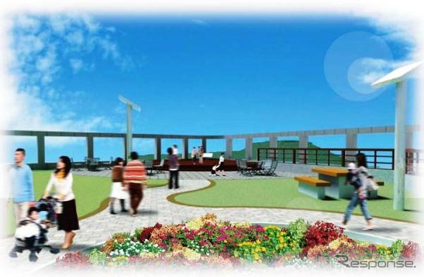 屋上公園「みくにん広場」のイメージ。仁徳天皇陵古墳や行き交う電車を眺めることができる。