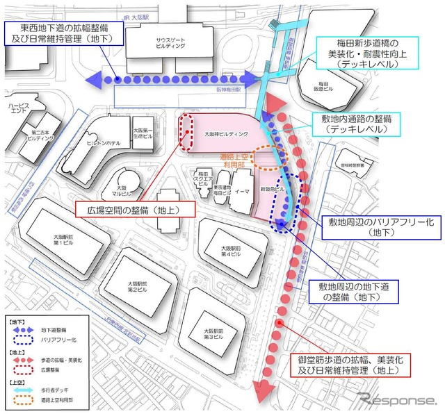 新ビルの位置。敷地周辺の地下道の整備や歩道の拡幅なども行い、地下・地上・デッキレベルの3層歩行者ネットワークを強化する。
