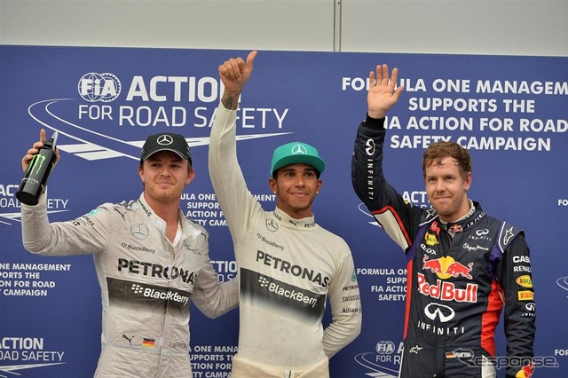 予選トップ3、左からニコ・ロズベルグ(3位)、ルイス・ハミルトン(1位)、セバスチャン・ベッテル(2位)