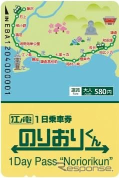 江ノ島電鉄の1日フリー切符「のりおりくん」。「平渓線一日週遊券」の使用済み券を提示すると無料で交換できる。