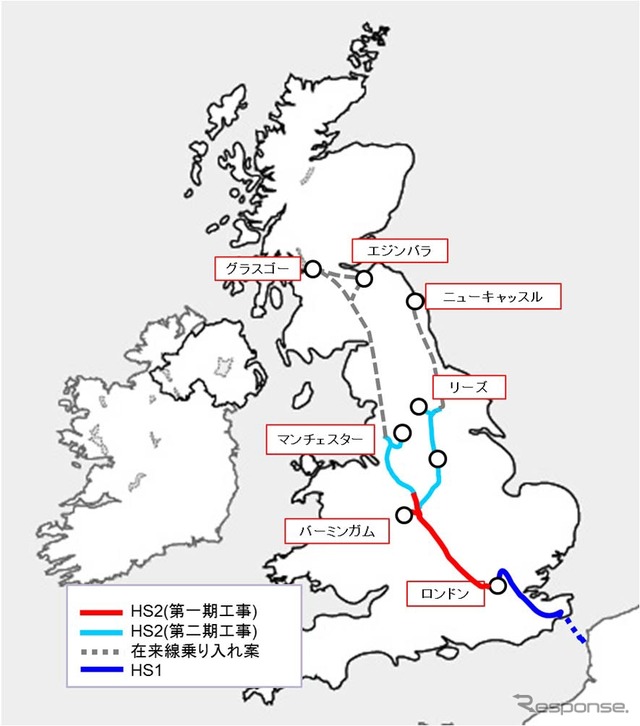 英国HS2の路線図。まず2026年に第1期区間のロンドン～マンチェスター間が開業する予定。JR東日本はHS2社とコンサルティング契約を締結し、広範囲のコンサルティングを行っている。
