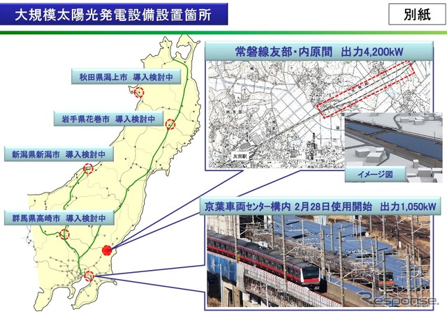 JR東日本は常磐線の友部～内原間に太陽光発電設備を設置すると発表した。図は同社発表の太陽光発電設備の概要
