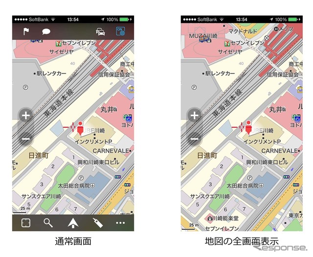 一定時間操作しないと、上下のメニューバーが消えて広々とした地図表示となる