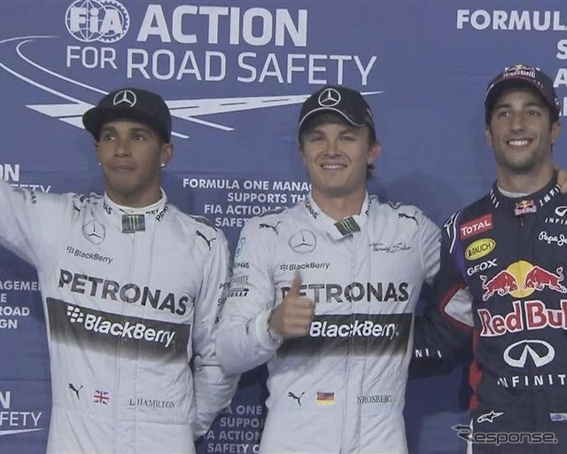 予選トップ3、左からルイス・ハミルトン、ニコ・ロズベルグ、ダニエル・リチャルド