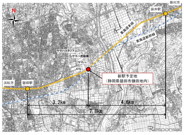 新駅の予定地。近くにはNTNやヤマハ発動機の工場、ヤマハスタジアムがある。開業は2019年度末の予定。