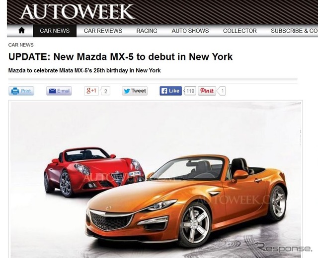 マツダがニューヨークモーターショー14で新型ロードスターを初公開すると伝えた米『AUTO WEEK』