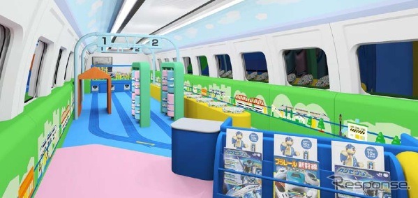 JR西日本とタカラトミー、パナソニックは、7月から500系新幹線の車内を改造した「プラレールカー」を運行すると発表。画像は「プラレールカー」車内のイメージ。大型のプラレールジオラマなどを設置する