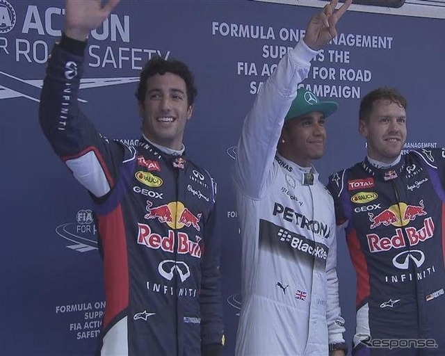 中国GP予選トップ3(左からダニエル・リチャルド、ルイス・ハミルトン、セバスチャン・ベッテル)