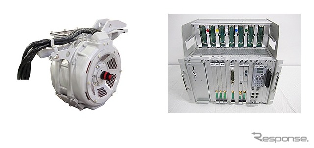 フリーゲージトレインの新試験車に搭載されたPMSMと制御伝送装置。新試験車は省スペースで高出力を確保できるPMSMの採用などにより従来の試験車より軽量化が図られた。
