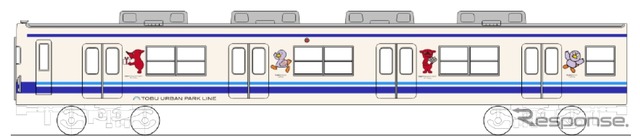 東武アーバンパークラインで4月26日から運転を開始する「コバトン＆チーバくん ラッピングトレイン」。8000系の車体を「コバトン」「チーバくん」のイラストで装飾する。