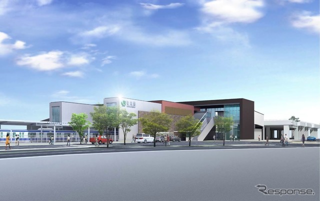 新駅舎の完成イメージ（西口広場）。常磐線ホームの上方に東西自由通路と一体化した橋上駅舎が設けられる。