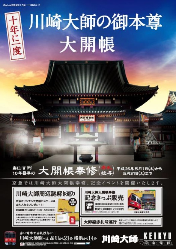 「川崎大師大開帳奉修」の告知ポスター。京急も大開帳奉修にあわせ、大師線で赤1色の電車「赤札号」を運転するなどの記念企画を実施する。