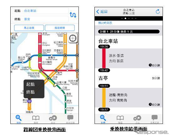 「NAVITIME Transit - Taipei Taiwan」の画面。台湾の鉄道路線などが検索できる。