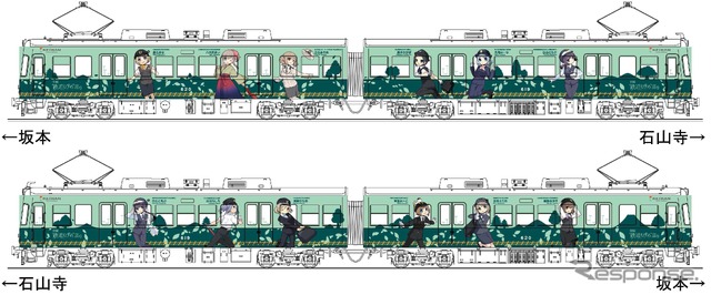 京阪大津線の600形に施される「鉄道むすめ」のラッピングイメージ。5月1日から9月30日まで石山寺～坂本間で運転される。