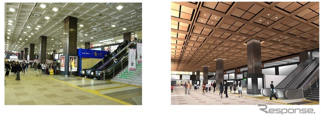 仙台駅の吹抜けコンコースの現状(左)と改修工事完成後イメージ(右)。工事期間は2015年3月までの予定。
