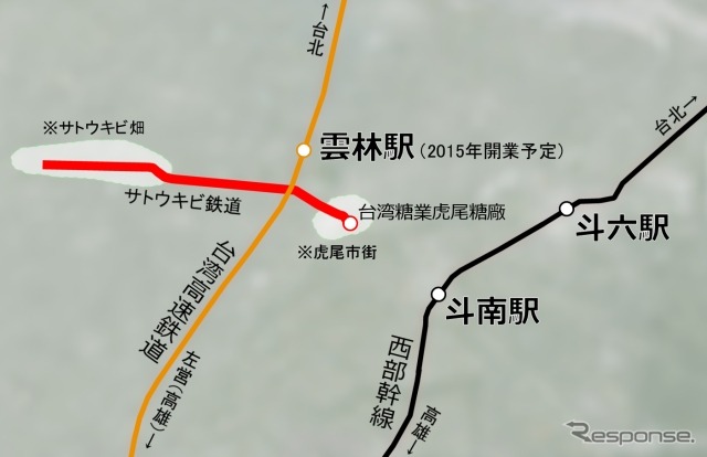 虎尾付近の鉄道路線図。サトウキビ鉄道は虎尾の中心市街地にある製糖工場と市街地の西外れにあるサトウキビ畑を結んでいる。