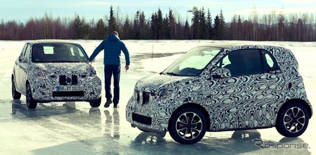 スマート 次期型の予告イメージ。フォーフォーとフォーツーの開発テスト車両