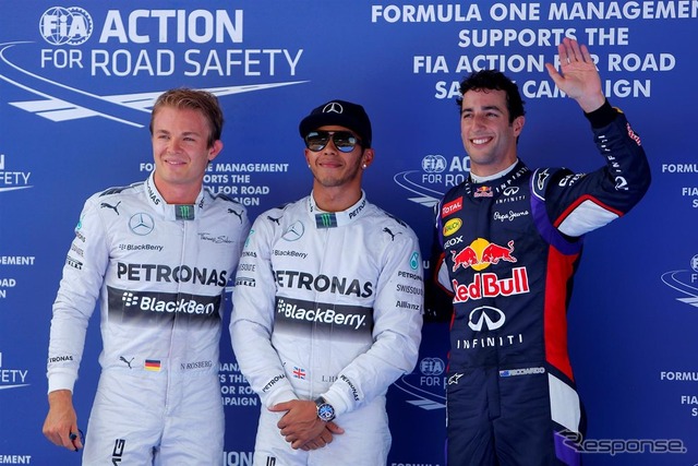 スペインGP予選のトップ3（左からニコ・ロズベルグ、ルイス・ハミルトン、ダニエル・リチャルド）
