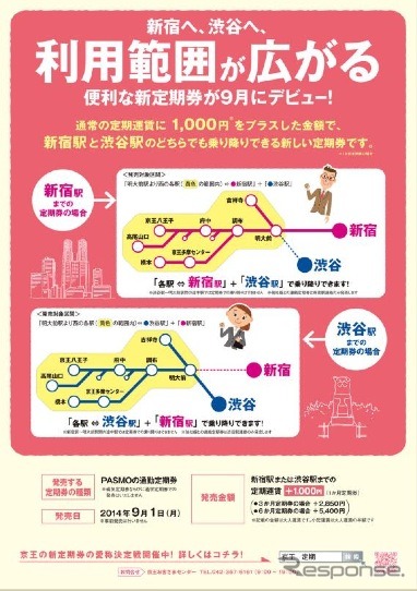 京王は、9月から発売する京王線新宿駅・井の頭線渋谷駅のどちらでも乗り降りできる定期券の愛称を決める「みんなで選ぼう!愛称決定戦」を始めた。画像は告知のチラシ