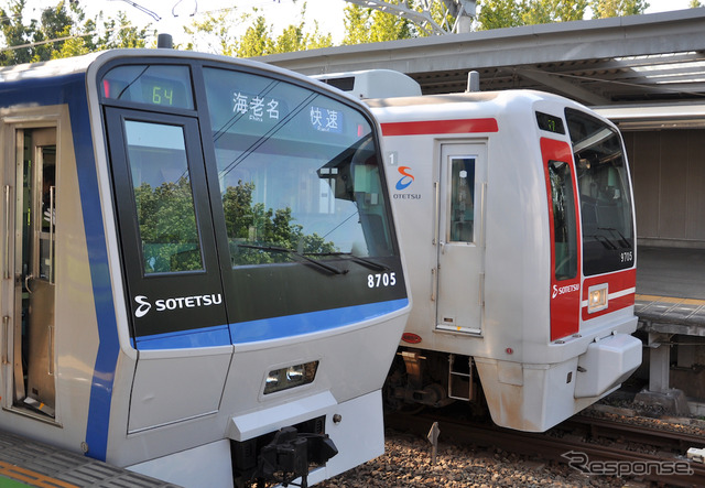 相鉄の8000系（左）と9000系（右）。本年度は車内照明のLED化や案内表示装置の更新などを実施する。