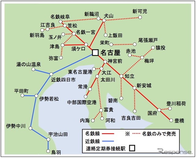 名鉄と近鉄は9月から、名古屋駅を接続駅とする両社線の連絡IC定期券を発売する予定と発表。図は連絡IC定期券の発売範囲。名鉄線内の発売範囲は名鉄発売と近鉄発売で異なる