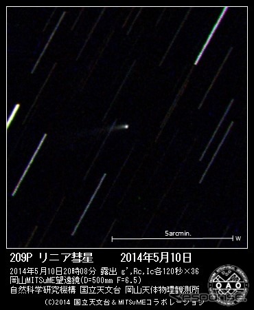 岡山天体物理観測所50cmMITSuME望遠鏡で撮影した209Pリニア彗星の画像を彗星ギャラリーで公開(出典:国立天文台)