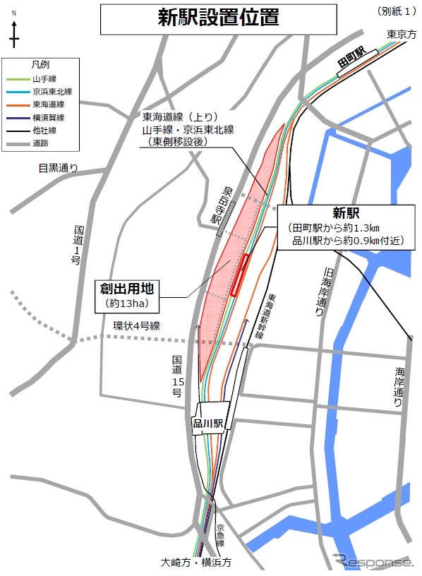 新駅の予定位置。車両基地の整理縮小によって捻出された敷地の一部を活用し、線路を東側に移設した上で駅を設ける。周辺には羽田・成田両空港へのアクセス鉄道ルート上にある泉岳寺駅や、羽田空港アクセス鉄道化構想がある東海道貨物線などがある。