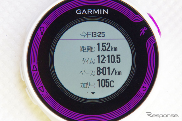 本体には約1000ラップ分のデータを保存でき、このように距離やタイム、ペース、消費カロリーなどを確認できる。ただし、ディスプレイが小さいのでたくさんのデータを見るのには不向きだ。