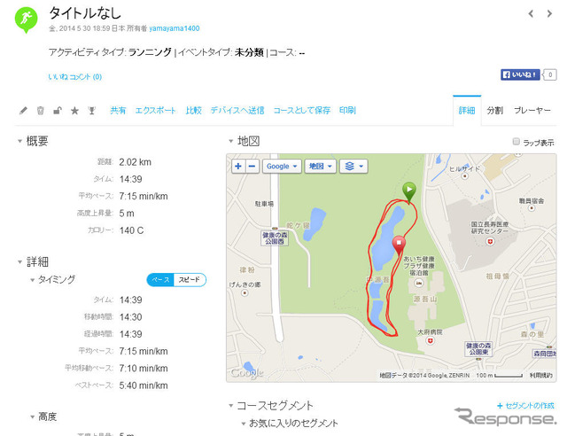 Garmin Connectによる走行データの表示。地図上で走ったコースが表示されるほか、ほとんど思いつく限りのあらゆるデータが表示される。