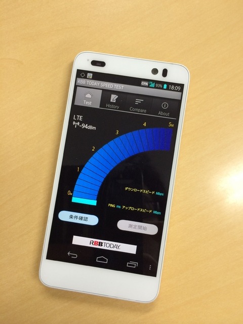 速度調査に使用するmineoのSIM+端末セットの「DIGNO M KYL22」。速度調査アプリは「RBB TODAY SPEED TEST」を使用
