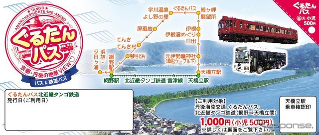 ぐるたんバス運行と伊根航路復活にあわせ、鉄道やバス、航路を組み合わせた割引切符も発売される。画像はぐるたんバスと北近畿タンゴ鉄道宮津線を組み合わせた「ぐるたんパス」。