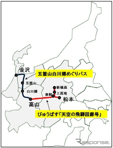 『天空の飛騨回廊号』と『五箇山・白川郷めぐりバス』の運行ルート。2015年春の北陸新幹線延伸開業に向け、新たな観光ルートの整備を目指す。